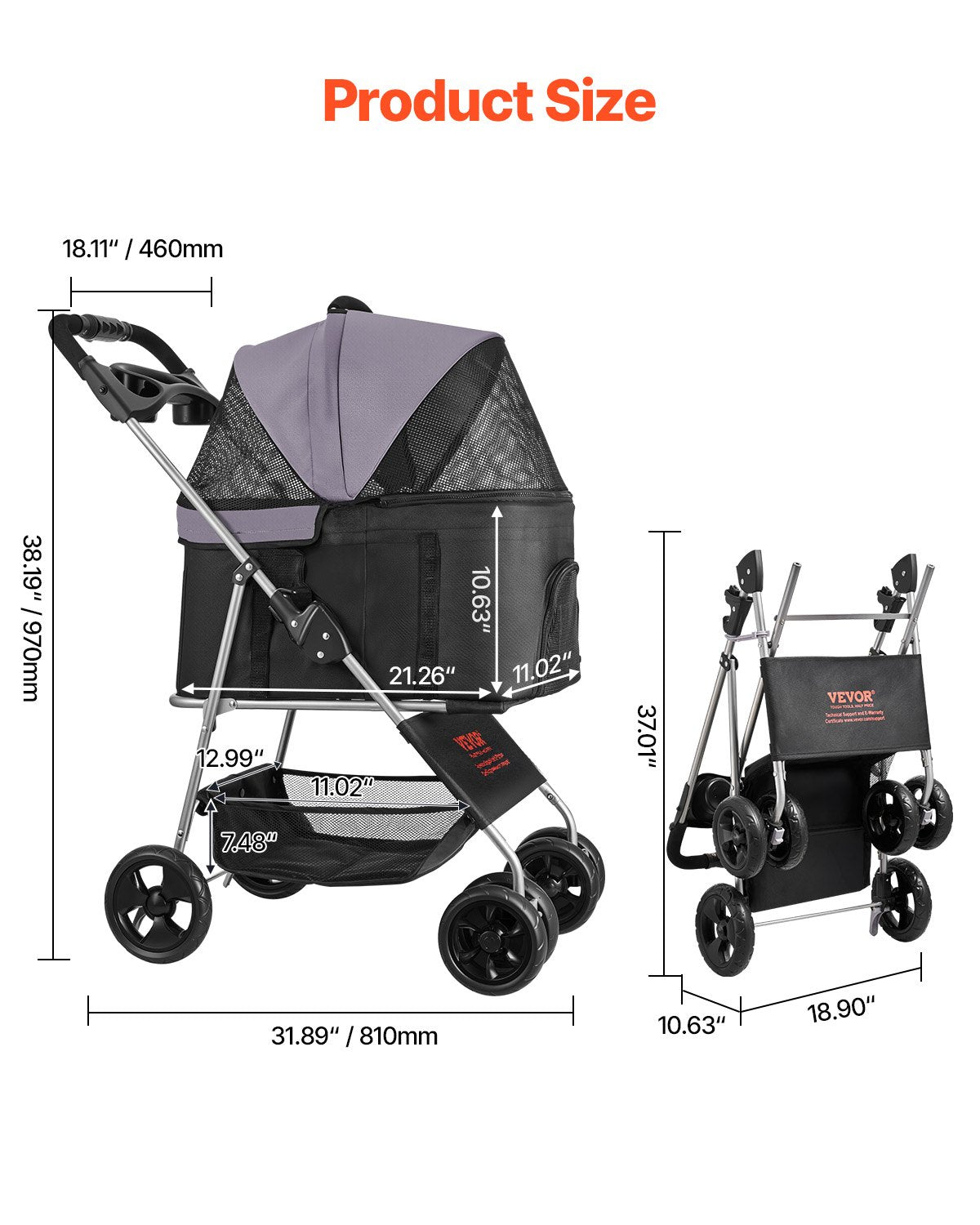 HKM-3197245 Foldable Pet Stroller with Detachable Carrier for Dogs and Cats, Holds Up to 35lbs