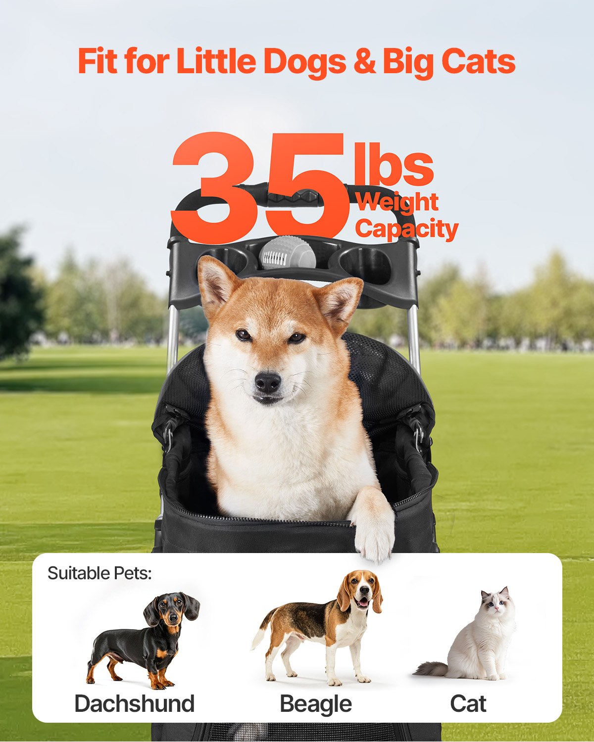 HKM-3197245 Foldable Pet Stroller with Detachable Carrier for Dogs and Cats, Holds Up to 35lbs