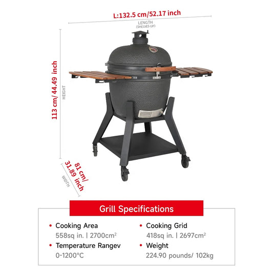 HKM-320083 Large 23.5 Inch Ceramic Charcoal Kamado Grill for Outdoor BBQ and Smoking