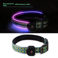 HKM-3202749 Luminous USB Charging Reflective Stripe Dog Collar in Blue and Green Plaid