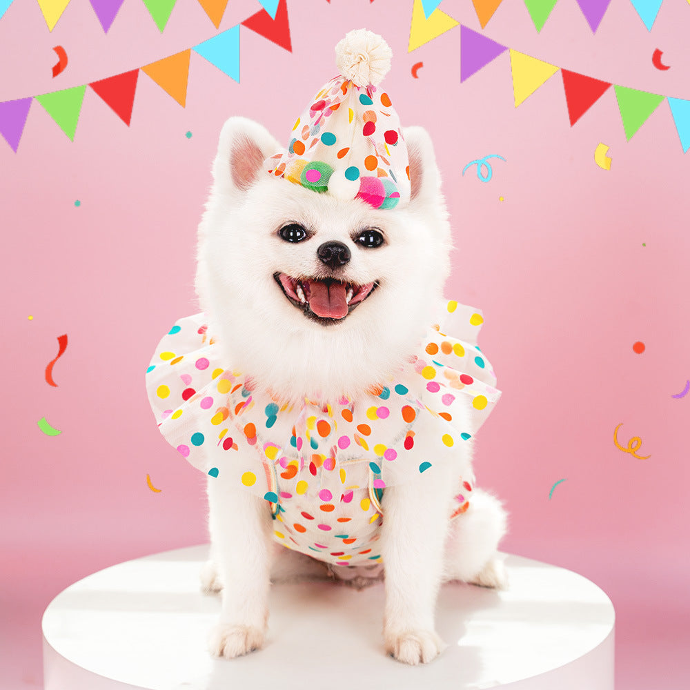 HKM-3205565 Colorful Polka Dot Lace Dog Birthday Suit with Hat and Saliva Towel ¨C Suitable for All Seasons and Sizes S to L