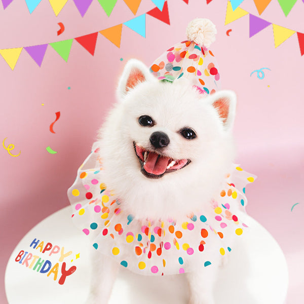HKM-3205565 Colorful Polka Dot Lace Dog Birthday Suit with Hat and Saliva Towel ¨C Suitable for All Seasons and Sizes S to L
