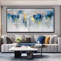 HKM-320659 Modern Blue and Gold Abstract Handmade Oil Painting on Canvas for Living Room and Bedroom Decor