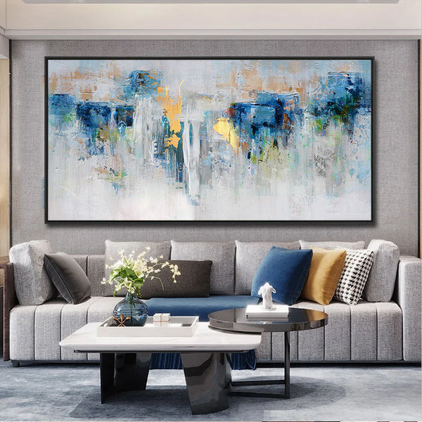 HKM-320659 Modern Blue and Gold Abstract Handmade Oil Painting on Canvas for Living Room and Bedroom Decor
