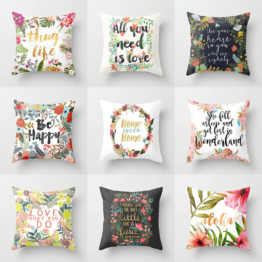 HKM-320787 Flower Letter Print Peach Skin Pillowcase - Soft & Elegant Design, 45x45cm, No Pillow Core Included
