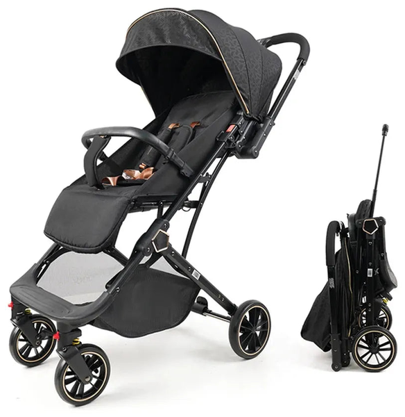 HKM-7320915 Lightweight Foldable Baby Stroller with a Telescopic Tow Handle and a Gold Trim Frame for Infants and Toddlers