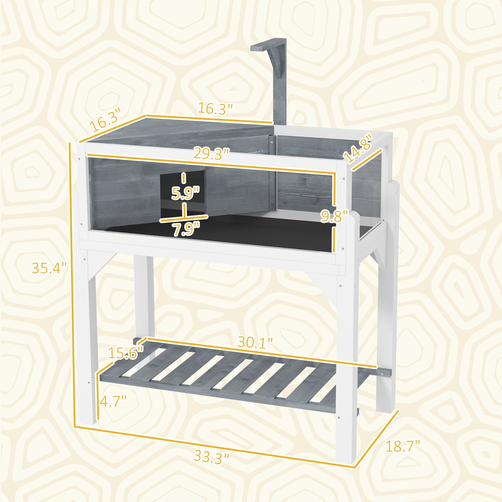 HKM-3210173 Gray Wooden Tortoise Habitat with Storage Shelf and Openable Top, Dual Compartment Enclosure with Clear Windows