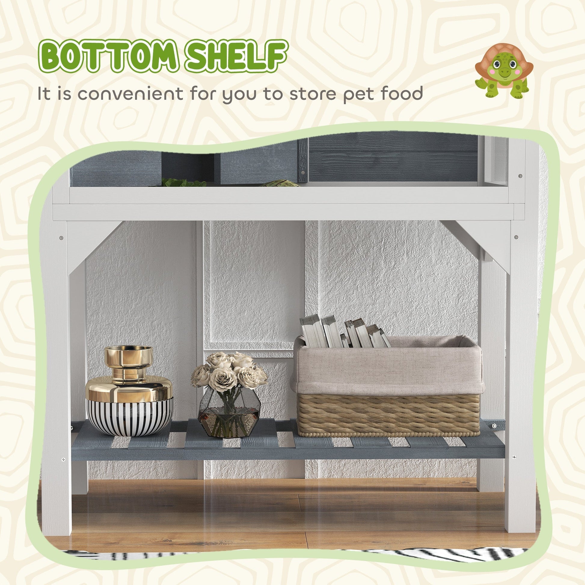 HKM-3210173 Gray Wooden Tortoise Habitat with Storage Shelf and Openable Top, Dual Compartment Enclosure with Clear Windows