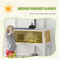 HKM-3210173 Gray Wooden Tortoise Habitat with Storage Shelf and Openable Top, Dual Compartment Enclosure with Clear Windows