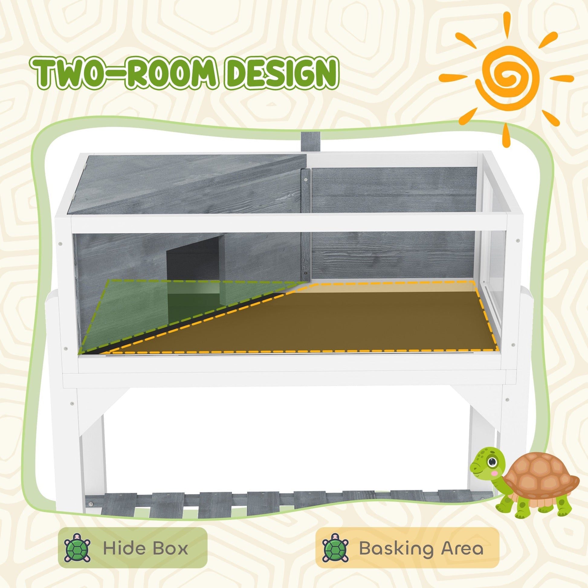 HKM-3210173 Gray Wooden Tortoise Habitat with Storage Shelf and Openable Top, Dual Compartment Enclosure with Clear Windows