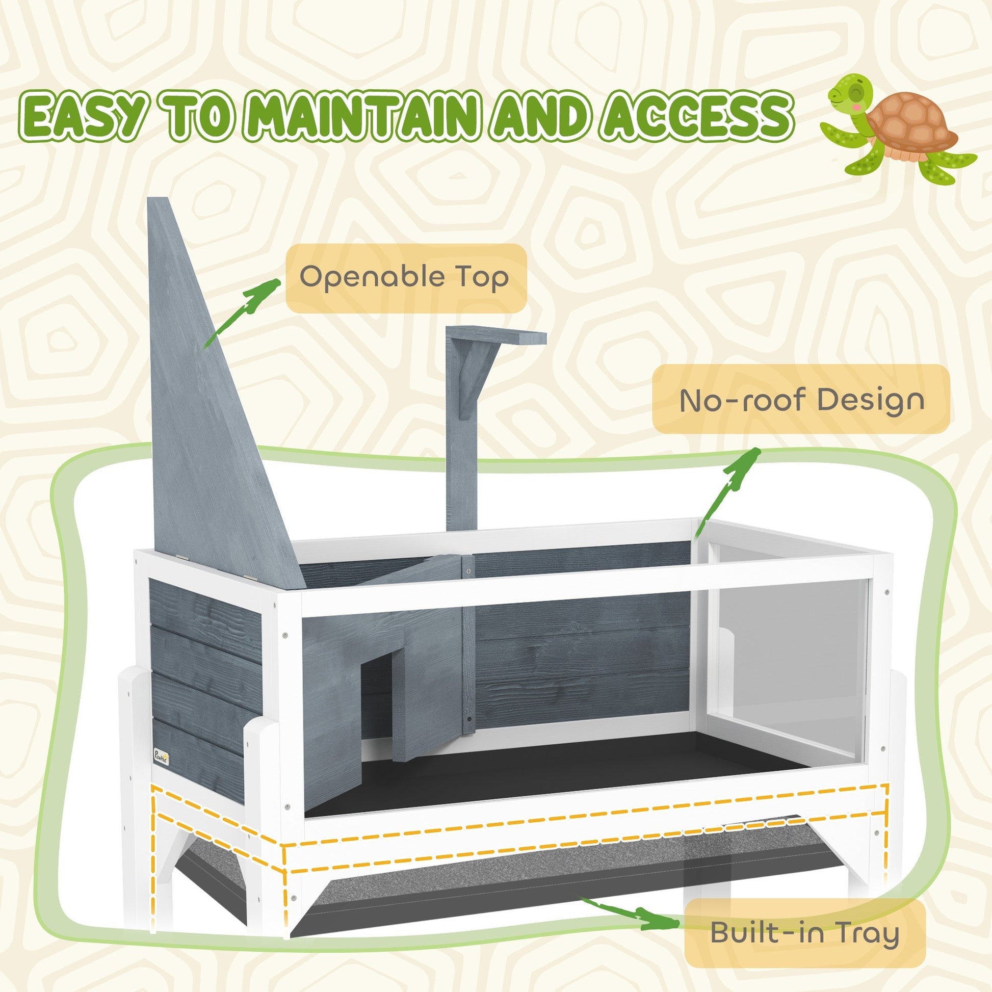 HKM-3210173 Gray Wooden Tortoise Habitat with Storage Shelf and Openable Top, Dual Compartment Enclosure with Clear Windows