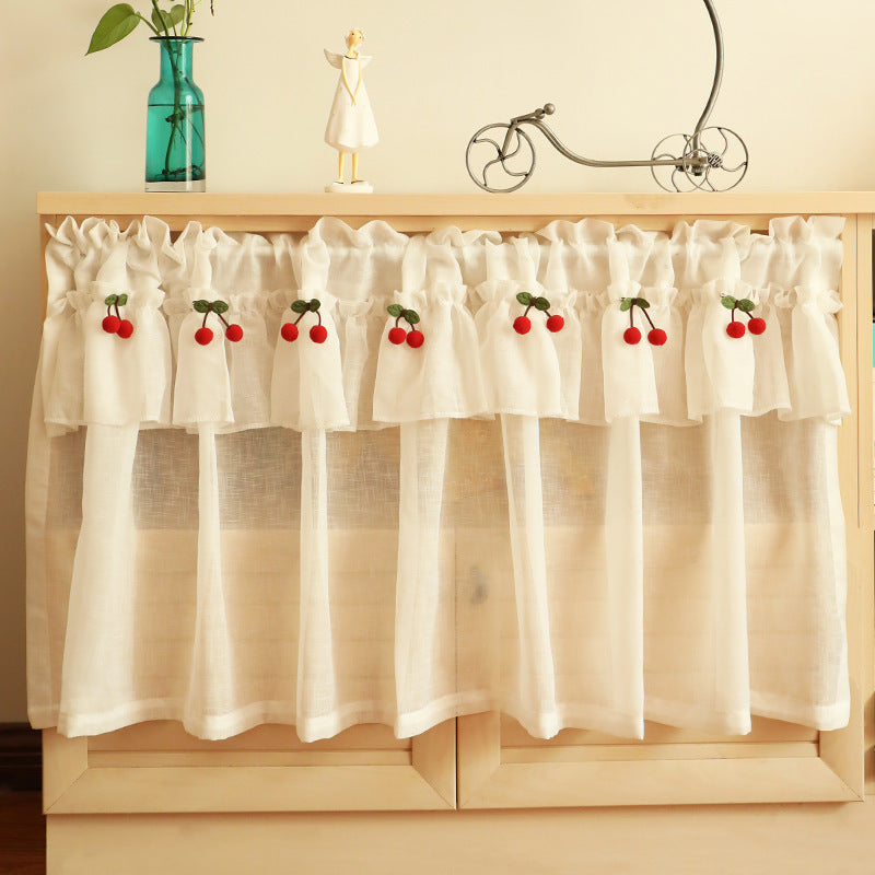 HKM-321427 Lace Cherry Short Curtain for Kitchen Small Windows - Cross Hemp Yarn Design