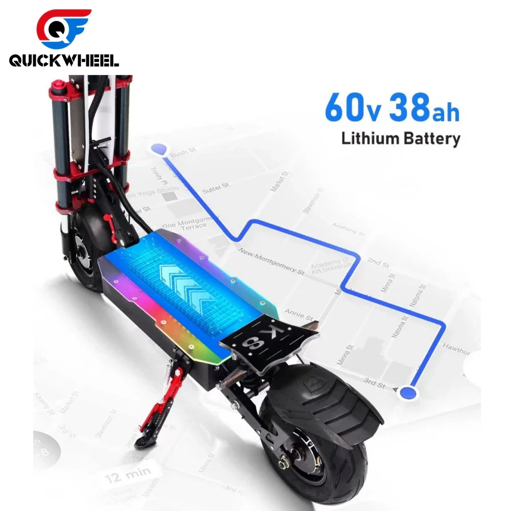 HKM-321747 60V 38Ah Electric Scooter with Full Suspension, Waterproof Design, and 12-Inch Tires - 80-100 km Range, Max Load 150 kg