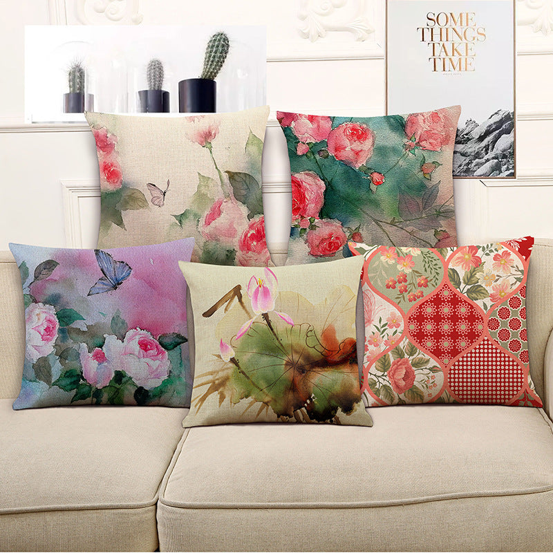 HKM-321939 Pastoral Cotton Linen Pillow Cover with Floral Design for Home and Office