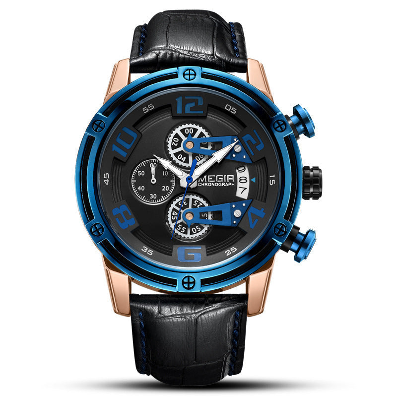 HKM-322387 Multifunctional Men's Chronograph Leather Watch with Calendar and Luminous Display