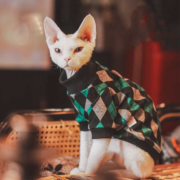 HKM-3225789 Cotton Plaid Long-Sleeved Sweater for Hairless Cats in Green, Multiple Sizes Available