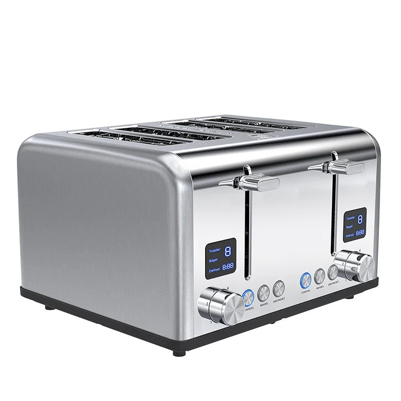 HKM-322771 Four-Slice Stainless Steel Electric Toaster with LED Display for Versatile Breakfast Preparation