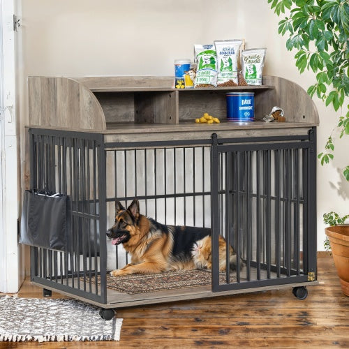 HKM-323027 Stylish Wooden Dog Kennel for Medium to Large Dogs with Lockable Wheels and Ample Storage