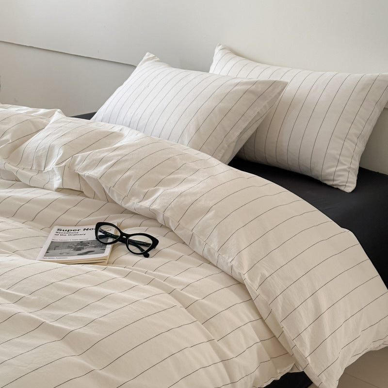 HKM-323027 Washed Cotton Striped Quilt Cover Set with Pillowcases and Fitted Sheets
