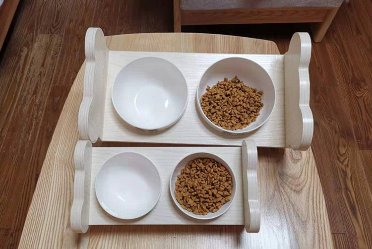 HKM-3233725 Tilted Solid Wood Double Bowl Pet Feeder with Ceramic Bowls and Neck Guard