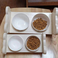 HKM-3233725 Tilted Solid Wood Double Bowl Pet Feeder with Ceramic Bowls and Neck Guard