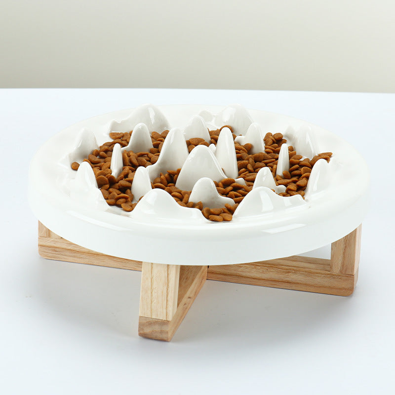HKM-3233725 Tilted Solid Wood Double Bowl Pet Feeder with Ceramic Bowls and Neck Guard