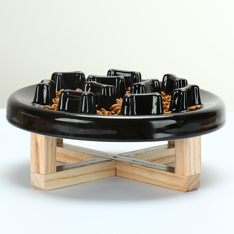 HKM-3233725 Tilted Solid Wood Double Bowl Pet Feeder with Ceramic Bowls and Neck Guard