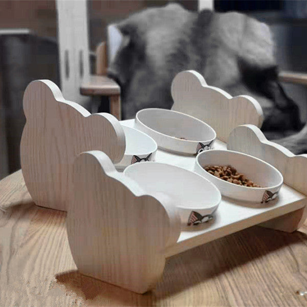 HKM-3233725 Tilted Solid Wood Double Bowl Pet Feeder with Ceramic Bowls and Neck Guard