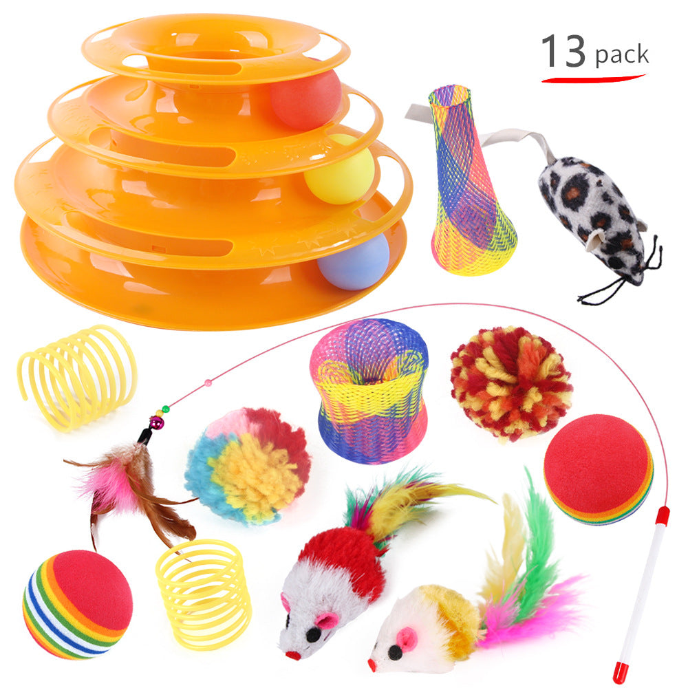HKM-3234365 Interactive Cat Toy Set with Turntable, Feather, and Soft Materials - Orange & Green