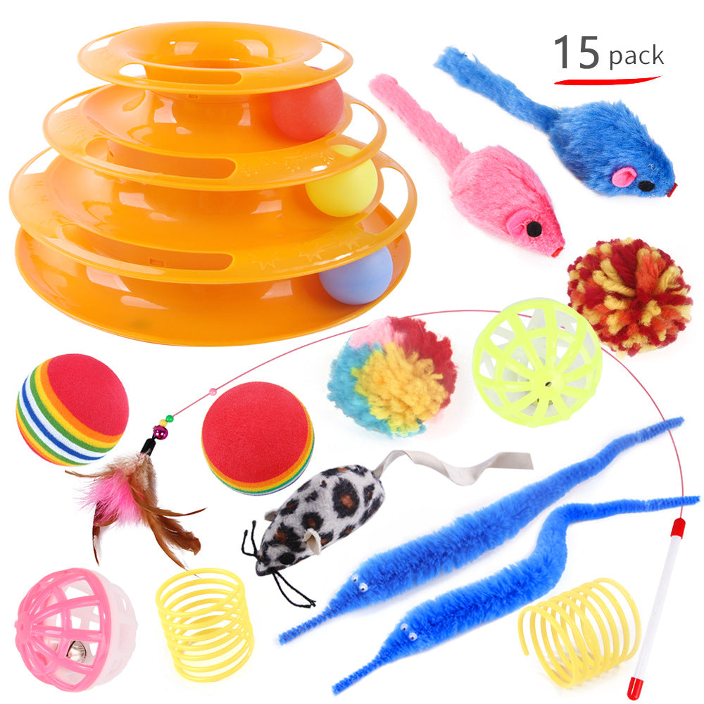 HKM-3234365 Interactive Cat Toy Set with Turntable, Feather, and Soft Materials - Orange & Green