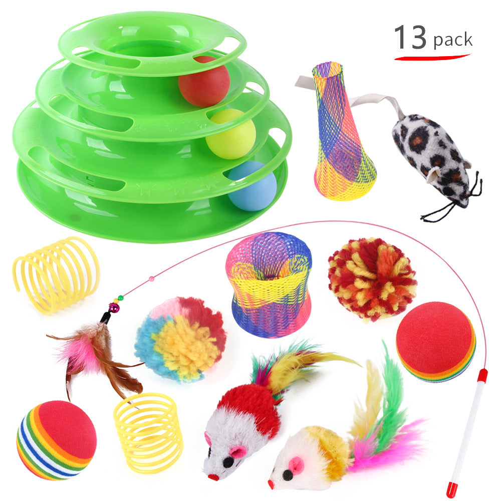 HKM-3234365 Interactive Cat Toy Set with Turntable, Feather, and Soft Materials - Orange & Green