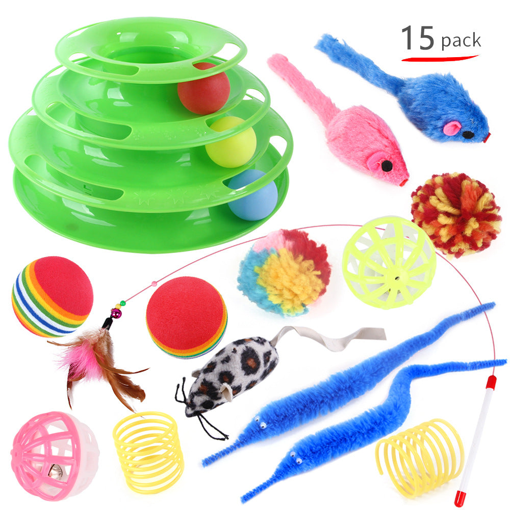 HKM-3234365 Interactive Cat Toy Set with Turntable, Feather, and Soft Materials - Orange & Green
