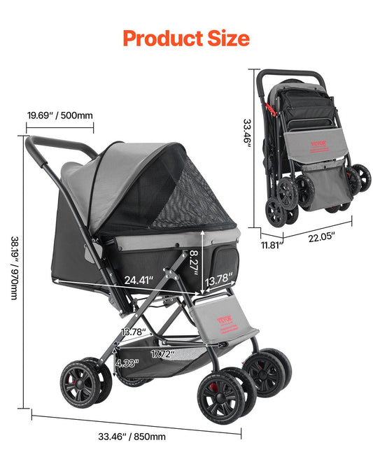 HKM-3235773 Foldable 4-Wheel Pet Stroller with Reversible Handle - Supports Pets Up to 44lbs