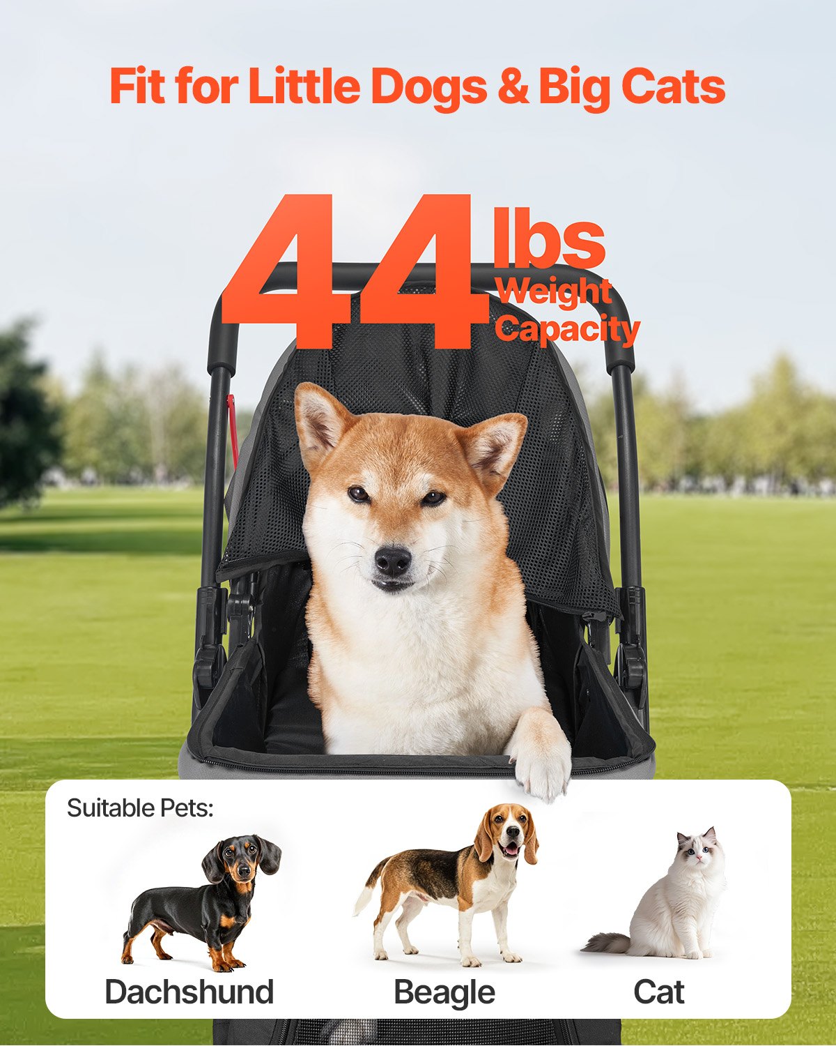 HKM-3235773 Foldable 4-Wheel Pet Stroller with Reversible Handle - Supports Pets Up to 44lbs