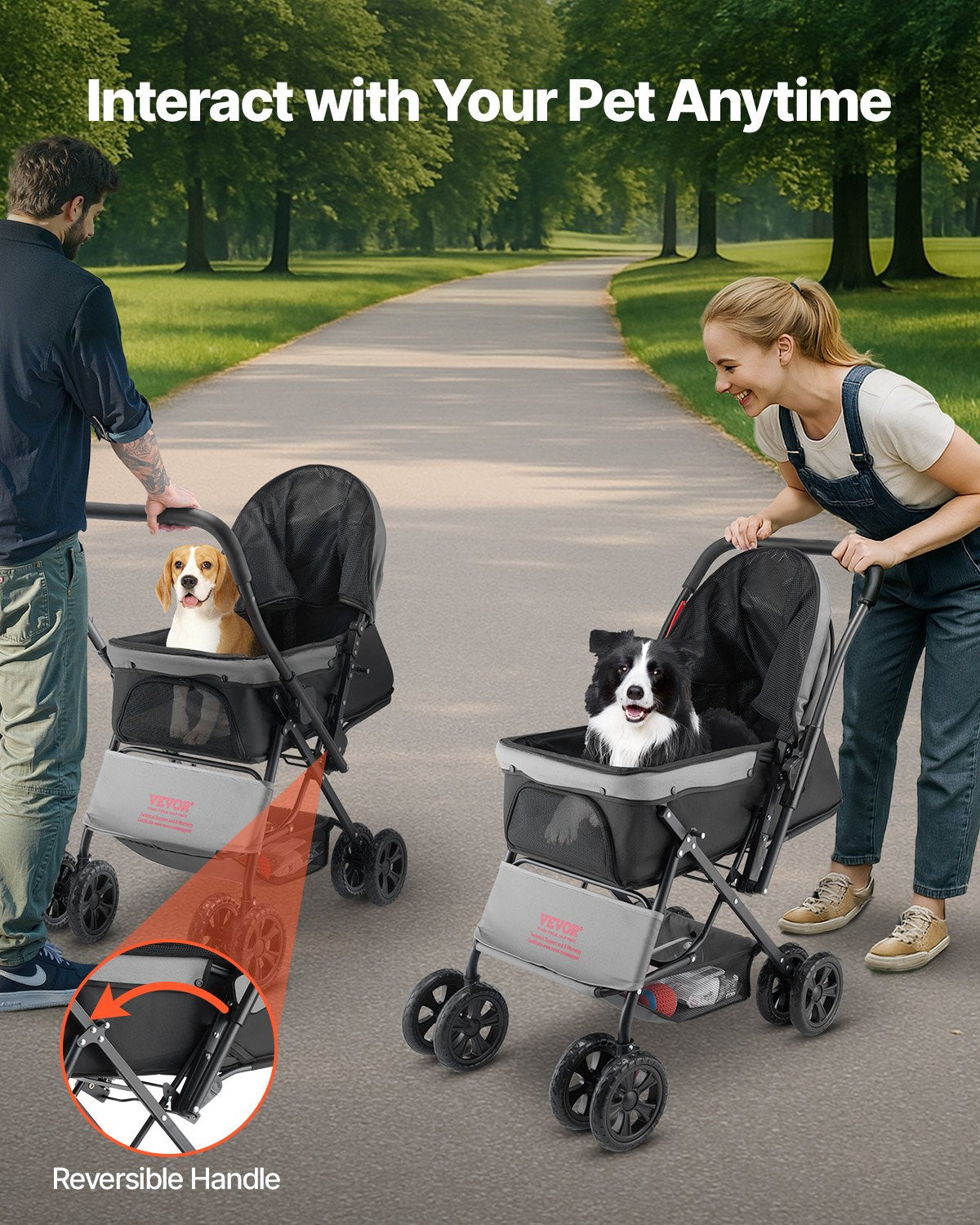 HKM-3235773 Foldable 4-Wheel Pet Stroller with Reversible Handle - Supports Pets Up to 44lbs