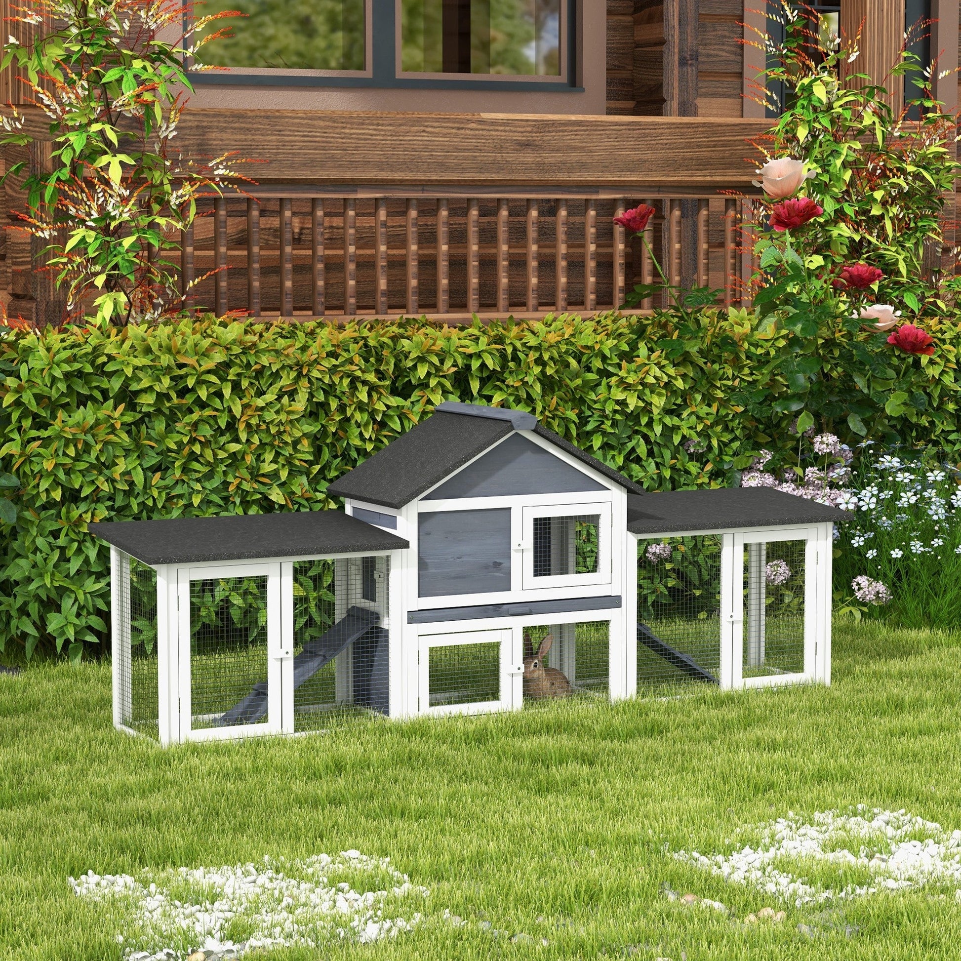 HKM-3237181 Deluxe 2-Story Wooden Rabbit Hutch with Ramp, Run and Removable Tray - Dark Gray