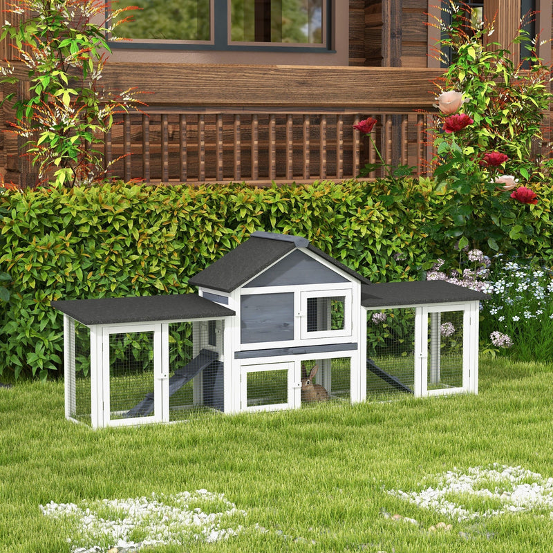 HKM-3237181 Deluxe 2-Story Wooden Rabbit Hutch with Ramp, Run and Removable Tray - Dark Gray