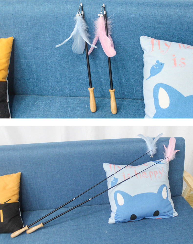 HKM-3240125 Retractable Funny Cat Toy with Feather and Wooden Handle - Adjustable 42-93cm