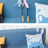 HKM-3240125 Retractable Funny Cat Toy with Feather and Wooden Handle - Adjustable 42-93cm