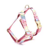 HKM-324051 Pink Colorful Heart-Shaped Dog Chest and Back Harness with Gold Buckle
