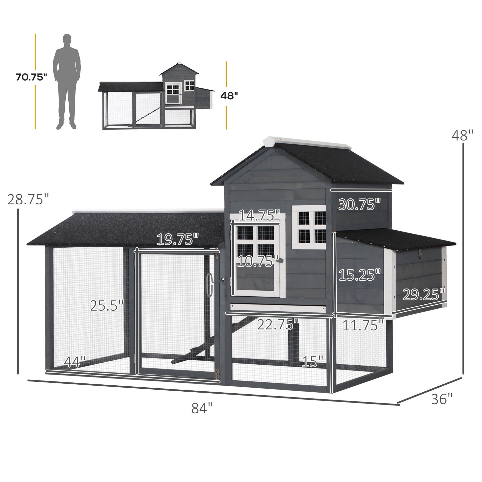 HKM-3242941 84" Gray Wooden Chicken Coop with Run, Nesting Box, Removable Tray & Ramp for Up to 3 Chickens
