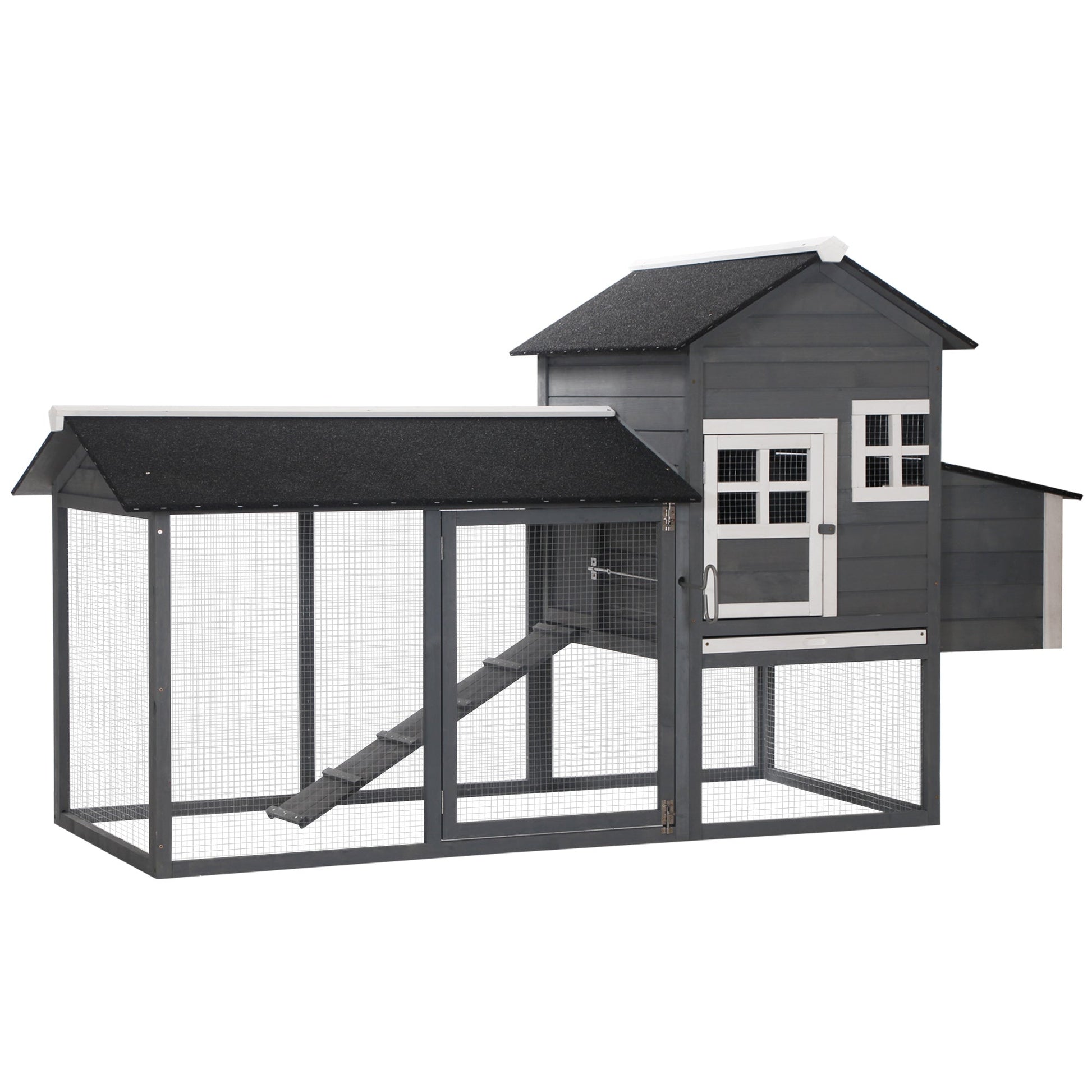 HKM-3242941 84" Gray Wooden Chicken Coop with Run, Nesting Box, Removable Tray & Ramp for Up to 3 Chickens