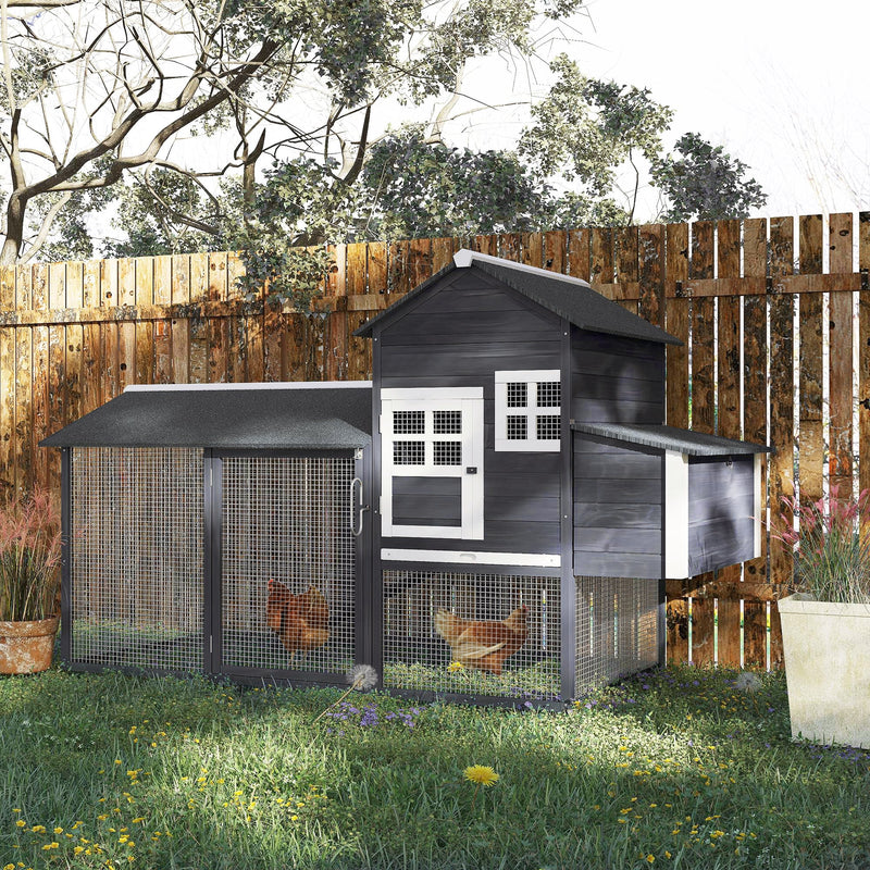 HKM-3242941 84" Gray Wooden Chicken Coop with Run, Nesting Box, Removable Tray & Ramp for Up to 3 Chickens