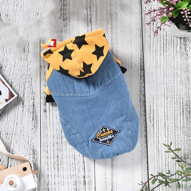HKM-3243709 Reversible Denim Pet Jacket - Autumn/Winter Fashion in Yellow and Grey, Sizes XS to 2L