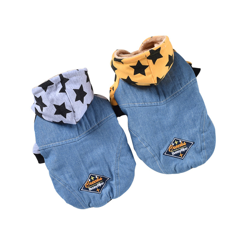 HKM-3243709 Reversible Denim Pet Jacket - Autumn/Winter Fashion in Yellow and Grey, Sizes XS to 2L