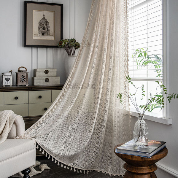 HKM-324883 Translucent Cotton Crochet Curtain in Copper Money and Rice Broom Styles