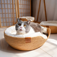 HKM-3249085 Rattan Cat Bed with Detachable Double-Sided Velvet and Ice Pad Options, Sizes S, M, L