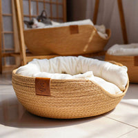 HKM-3249085 Rattan Cat Bed with Detachable Double-Sided Velvet and Ice Pad Options, Sizes S, M, L