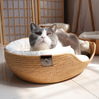 HKM-3249085 Rattan Cat Bed with Detachable Double-Sided Velvet and Ice Pad Options, Sizes S, M, L