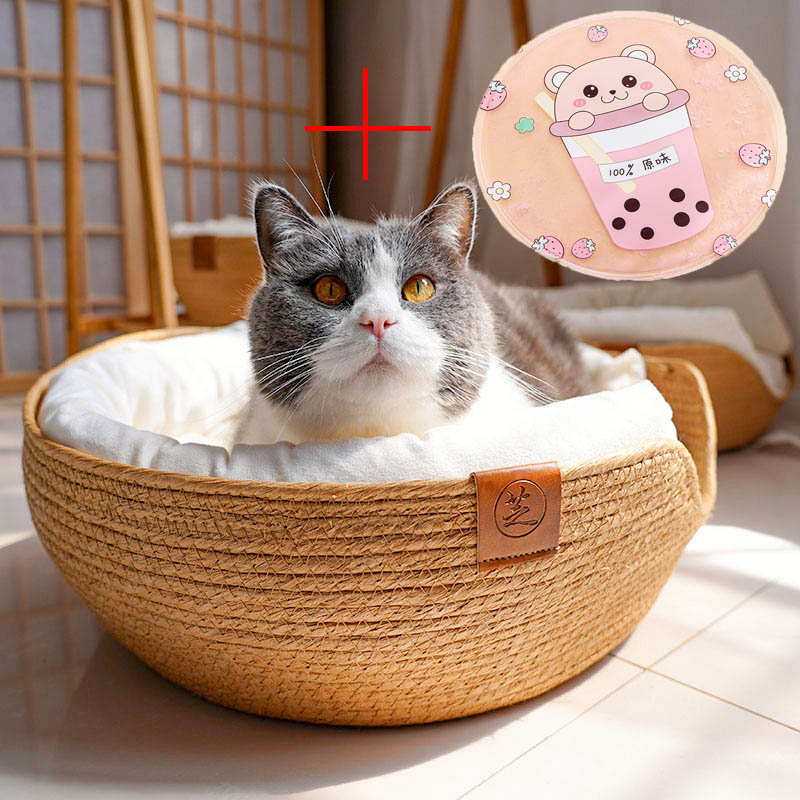 HKM-3249085 Rattan Cat Bed with Detachable Double-Sided Velvet and Ice Pad Options, Sizes S, M, L